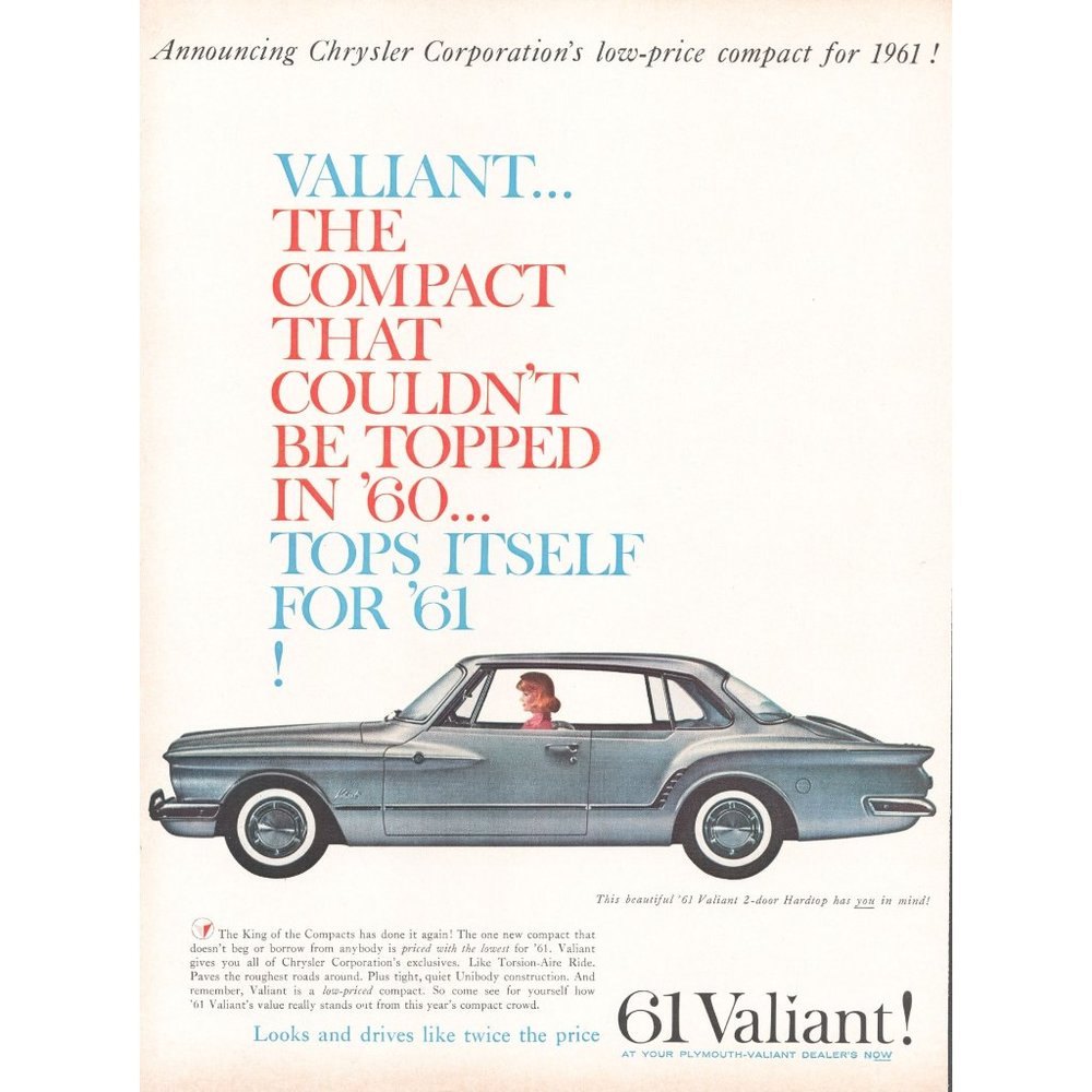 1961 Chrysler Valiant 2 Door Hardtop 2 Door Coupe Vintage Print Ad Wall Art 60s